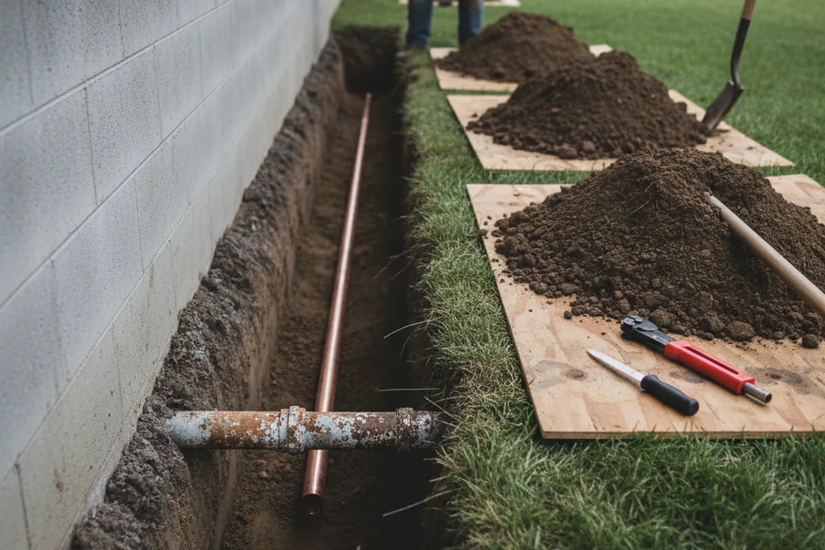Excavated water line trench during Water Softener Installation in Fort Hall